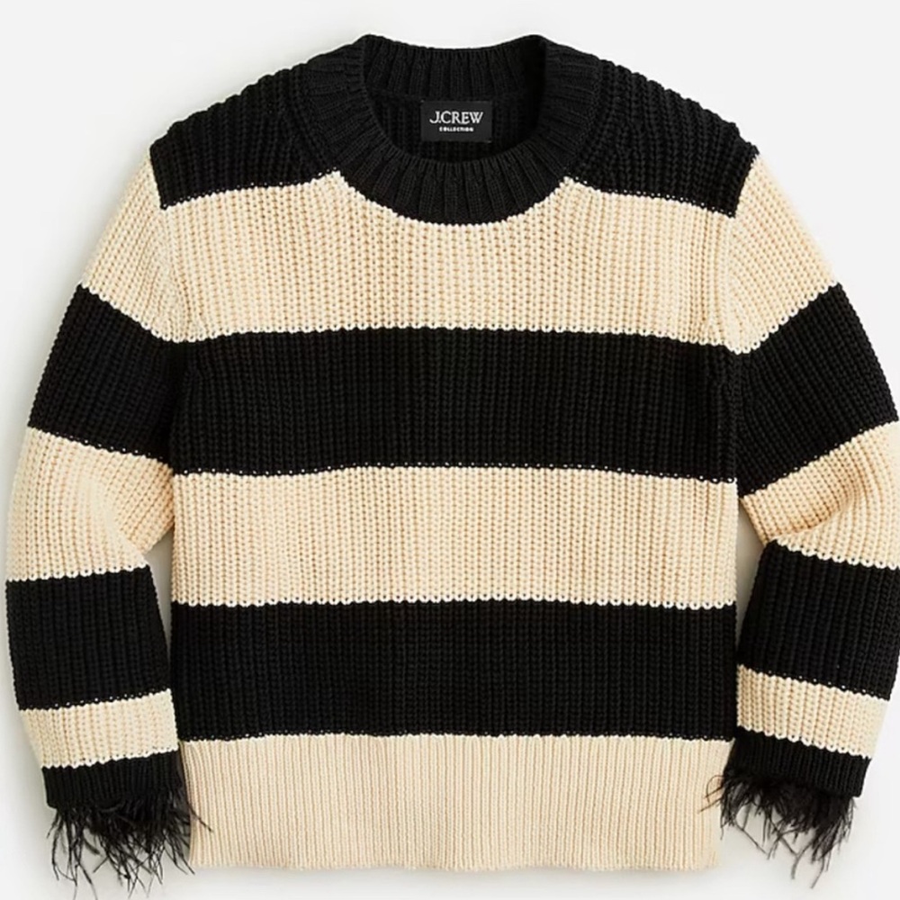 J.Crew Collection black and cream striped sweater with feather trim sleeves